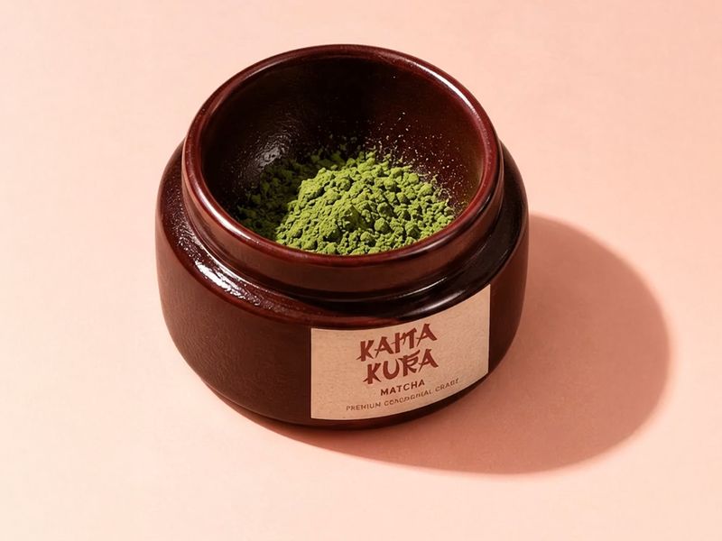 Kama Kura Matcha red jar with matcha powder and a paper label on a peach background